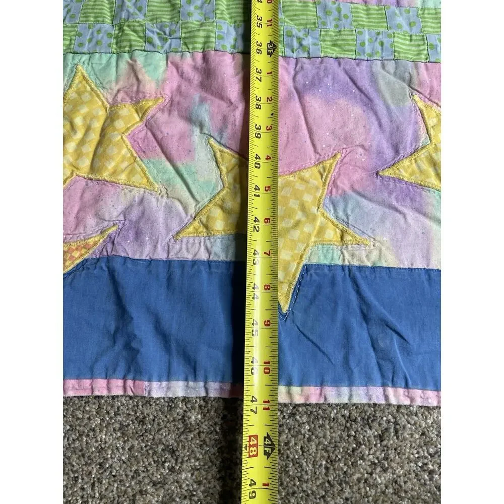 Vintage Whimsical Blanket Quilt Neon Colors Moon Stars Bunnies 47in X 31in